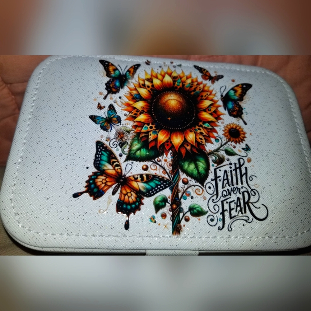 Small "Faith Over Fear" Sunflower and Butterfly Jewelry Box - Customized